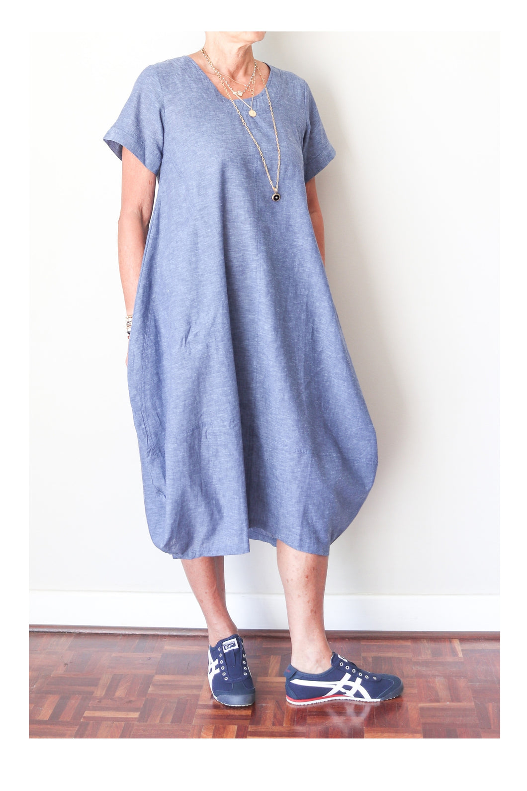 ALEXANDRA CLASSIC LINEN BUBBLE DRESS BLUE