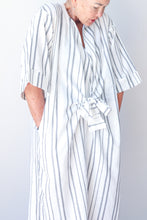 Collarless Front Tie Dress White/Black Stripe