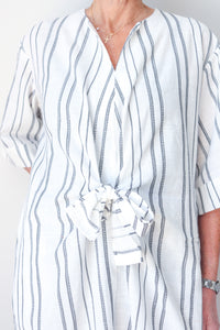 Collarless Front Tie Dress White/Black Stripe