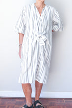 Collarless Front Tie Dress White/Black Stripe