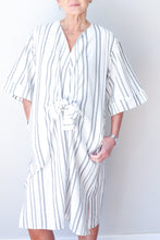 Collarless Front Tie Dress White/Black Stripe
