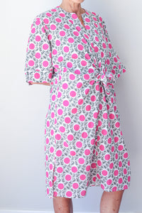 Collarless Front Tie Dress Pink Dot