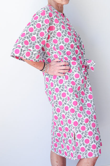 Collarless Front Tie Dress Pink Dot