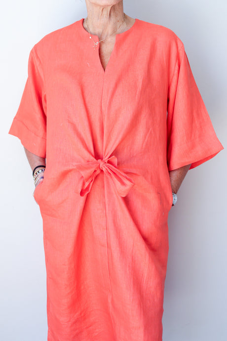 Collarless Front Tie Dress Tangerine