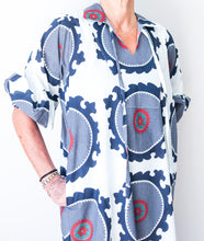 Puff Sleeve Dress - Navy/White Suzani Pattern