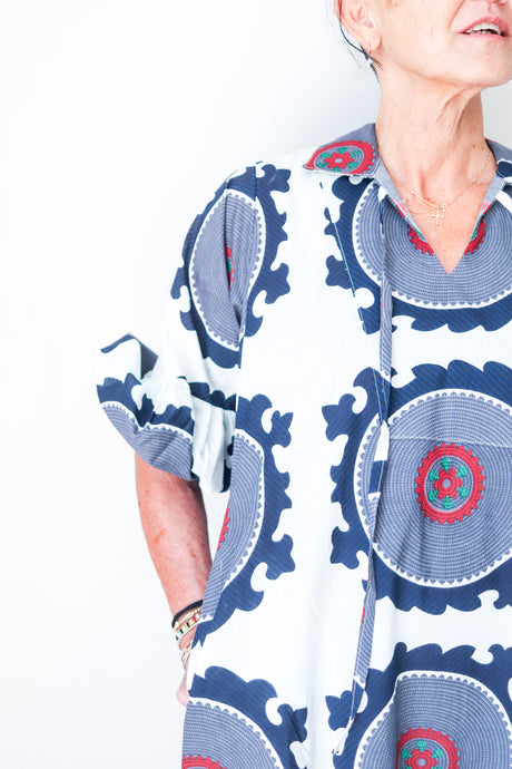 Puff Sleeve Dress - Navy/White Suzani Pattern