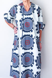 Puff Sleeve Dress - Navy/White Suzani Pattern