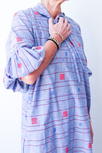 Puff Sleeve Dress - Blue Square Pattern