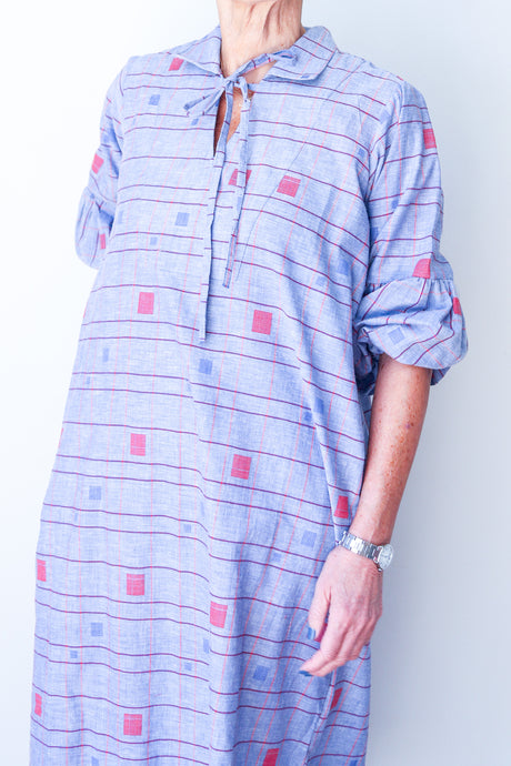 Puff Sleeve Dress - Blue Square Pattern