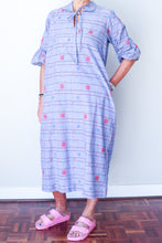 Puff Sleeve Dress - Blue Square Pattern