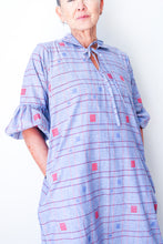 Puff Sleeve Dress - Blue Square Pattern