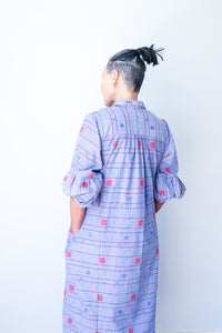 Puff Sleeve Dress - Blue Square Pattern